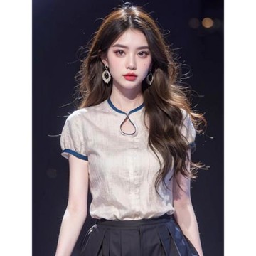 新中式國風盤扣襯衫女士設計感小眾2025夏季新款獨特立領短袖上衣