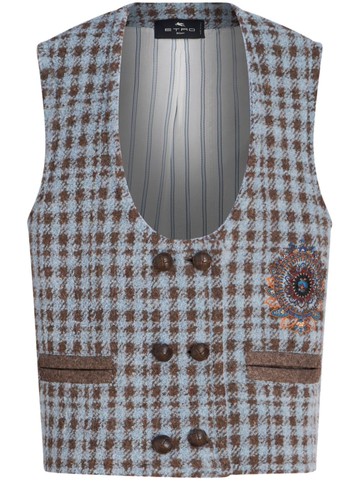 ETRO - houndstooth embroidered gilet - women - Polyamide/Acrylic/Polyester/Virgin Wool/Alpaca Wool - 44 - Blue