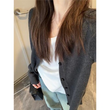 韓版黑灰色寬松慵懶風軟糯中長款毛衣外套女秋冬v領針織開衫上衣