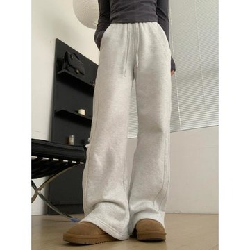 AXEF 秋冬直筒休閑褲加絨lulu衛褲女抽繩松緊腰寬松闊腿褲拖地褲