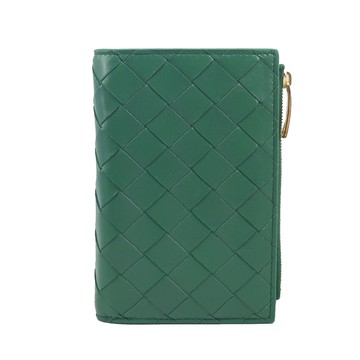 BOTTEGA VENETA Bi-Fold 經典編織羊皮對開中夾(綠色)