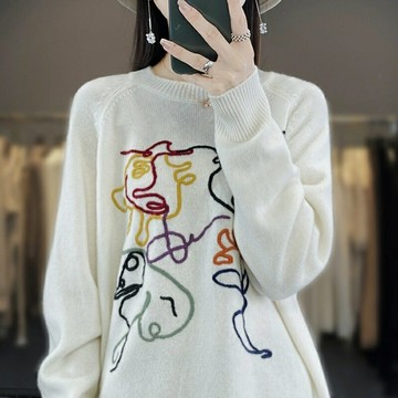現貨+預購 100%羊毛 羊毛衫針織毛衣-保暖怪奇風印花圓領長袖女上衣74hk118【獨家進口】【米蘭精品】