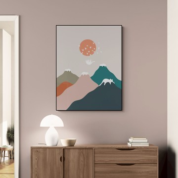 藝術掛畫｜ilovedoodles｜貓咪地景193- 貓咪群山 - 柚木色鋁框