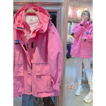 粉色沖鋒衣女款2025新款女春秋運動風衣外套寬松休閑工裝夾克上衣