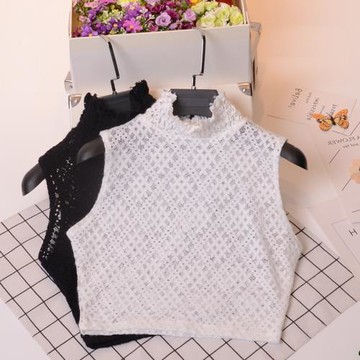 女秋韓半截身磨毛保暖蕾絲內搭打底衫花瓣高領小背心鏤空短款小衣