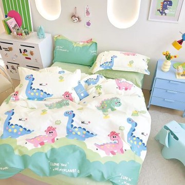 台灣製 精梳純棉 雙人床包枕套三件組-頑皮恐龍