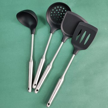 不銹鋼圓柄食品級硅膠炒菜鏟不粘鍋廚具 4件套裝鍋鏟湯勺煎鏟漏勺