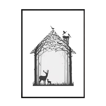 溫暖的家 鹿與小鹿森林小屋圖案掛畫  40 x 30cm  黑色