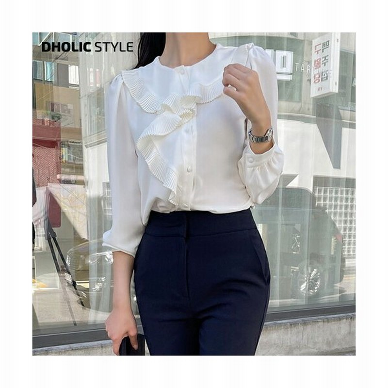 韓国ファッション トップス ブラウス ラウンドネック フリル 長袖 パフスリーブ ボリュームスリーブ とろみ オフィス スーツ フォーマル 大人 無地 秋 春 通販 Lineポイント最大0 5 Get Lineショッピング