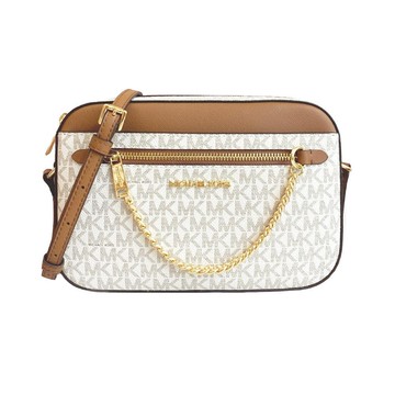 MICHAEL KORS 經典滿版LOGO鍊條前口袋斜背包 緹花x白棕 35S1GTTC9B VANILLA