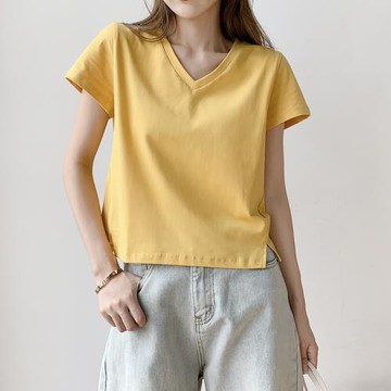 純棉白色t恤女裝夏季新款寬松v領短袖新款半袖體恤短款開叉上衣潮