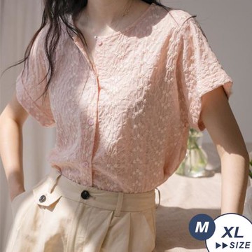 【LANNI 藍尼】★雲中溫柔粉色提花刺繡短上衣(開衫/圓領/短袖/薄款)