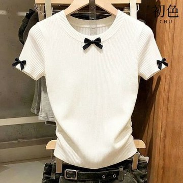 初色 休閒簡約圓領蝴蝶結合身短袖針織毛衣上衣女上衣-白色-19155(F可選)