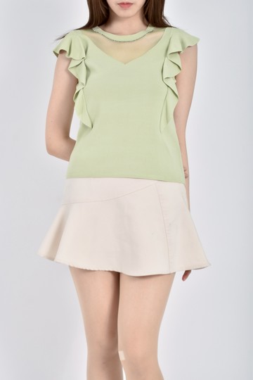 (S) moma針織射幾感胸前透膚綠色短袖上衣