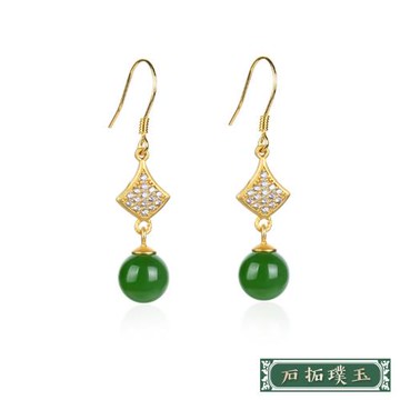【石拓璞玉】純銀925微鑲美鑽幾何古法金碧玉圓珠造型耳環 純銀耳環 造型耳環 美鑽耳環 情人節禮物