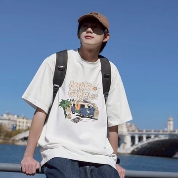 短袖上衣 短T T恤 圓領短袖 韓版 五分袖 夏季寬鬆穿搭 圖案繪製短T 男女同款上身穿搭