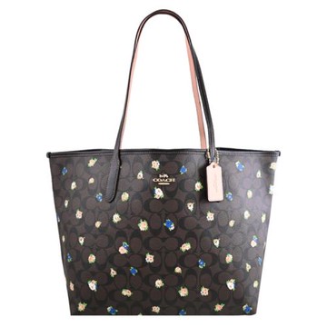 COACH C7274 滿版LOGO玫瑰花紋肩背購物/托特包.深咖