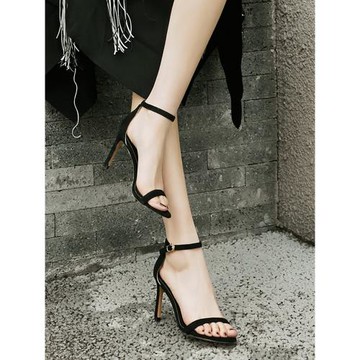 黑色涼鞋女細跟一字帶2025新款百搭性感網紅同款韓版SW高跟鞋大碼