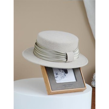 新款平檐羊毛呢禮帽女秋冬高檔英倫復古氈帽保暖平頂帽優雅顯氣質