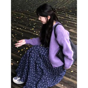 韓系復古碎紫色花半身裙女秋季2025新款高腰a字裙休閑慵懶風長裙