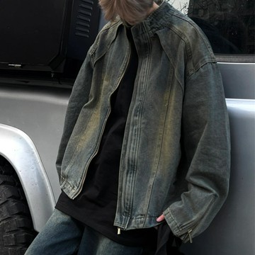美式復古解構設計感立領牛仔夾克男女水洗做舊開衫休閑牛仔外套潮