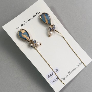 【現貨1件】藍色 酒精墨水藝術 長耳環 18kgp 搖曳 金色 捷克玻璃珠 簡約 不撞款 淡水珍珠