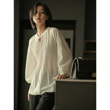 無謂2025年夏秋新款女裝寬松壓褶雪紡衫女顯瘦遮肉簡約白色上衣女