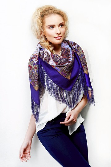 帕夫洛夫帕薩德俄羅斯披肩 100% 羊毛圍巾 125x125 公分 絲綢流蘇 編號1344-13