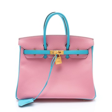 HERMES 愛馬仕 泡泡糖粉/湖水藍色 Chevre 山羊皮 Birkin 25 柏金包 手提包 T刻 金扣 【二手名牌BRAND OFF】