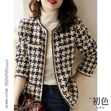 初色  法式小香風顯高軟花毛呢外套-千鳥格-64107(M-XL可選)