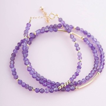 紫水晶3mm手鏈 | 14K包金天然水晶手鍊 | 不褪色客製化禮物
