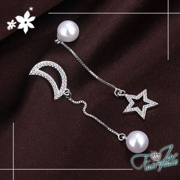 【伊飾童話】白光星月＊珍珠水鑽垂墜925銀針耳環
