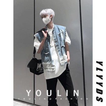 漸變藍色牛仔背心馬甲男短款高級感毛邊牛仔夾克無袖疊穿坎肩外套