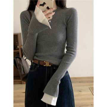 設計感法式氣質撞色喇叭袖針織衫女秋冬ins修身洋氣內搭打底毛衣