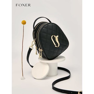 FOXER包包女2025新款時尚真皮輕奢高級質感菱格單肩斜挎小圓包