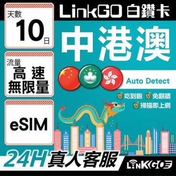 LINKGO白鑽卡 中港澳 eSIM卡 10天吃到飽不降速 高速不限流量 免翻牆(中港澳網卡 中國 大陸 香港 澳門 虛擬卡)