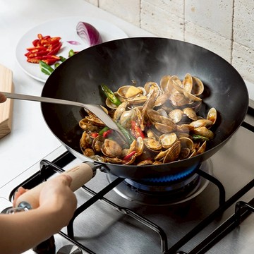 日本 霜山 日本製木柄窒化鐵炒鍋 IH爐可用 33cm