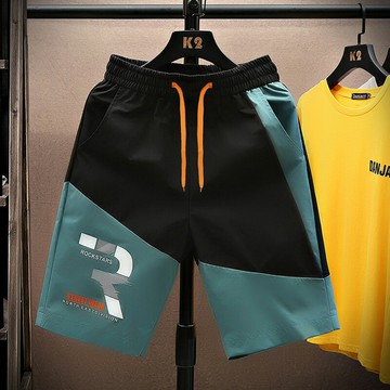 短褲男夏季新款韓版潮流印花拼色運動褲休閑時尚寬松系帶沙灘褲