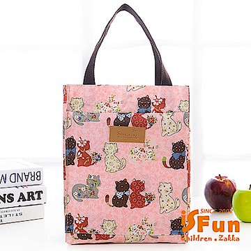 iSFun 防水印花 加大長型手提便當購物袋 粉貓咪