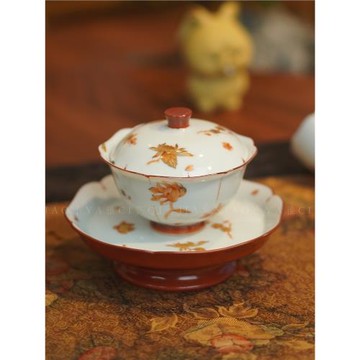 合吾堂 景德鎮手繪礬紅粉彩四季花卉描金蓋碗 中式宮廷風兩才蓋碗