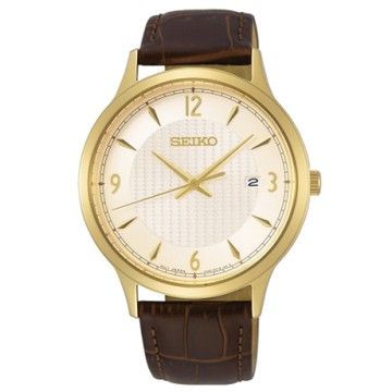 SEIKO精工   成就金采皮革石英腕錶(SGEH86P1)-金面x41mm