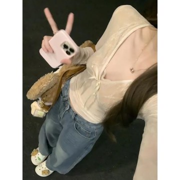 杏色V領長袖t恤女2025春秋新款蝴蝶結蕾絲修身收腰顯瘦套頭上衣