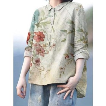 天絲棉防曬衫女夏季洋氣減齡印花V領上衣大碼寬松胖妹妹短袖襯衫