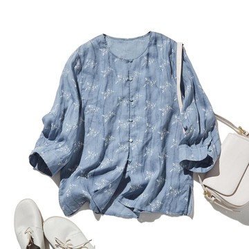 恰到好處的正式感與休閒感 7分袖襯衫 100%亞麻 藍灰色 250604-3