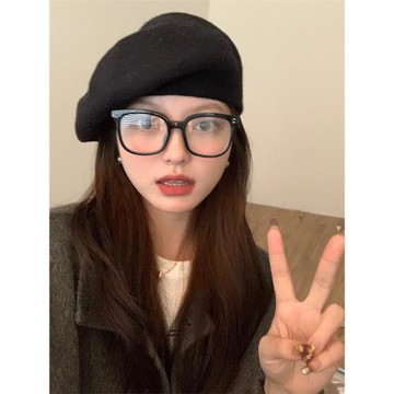 秋冬畫家帽女百搭大頭圍黑色毛絨