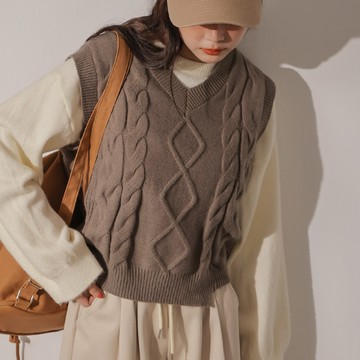 V領麻花針織背心-咖【KT223542】-4色
