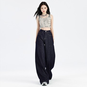 美式牛仔褲 牛仔褲女 長褲 女生牛仔褲不掉色深藍色牛仔褲女秋季新款美式設計感寬鬆顯瘦直筒拖地闊腿褲927