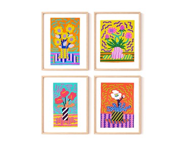 Inkchacha 花卉藝術畫一套4張 植物版畫 復古印刷