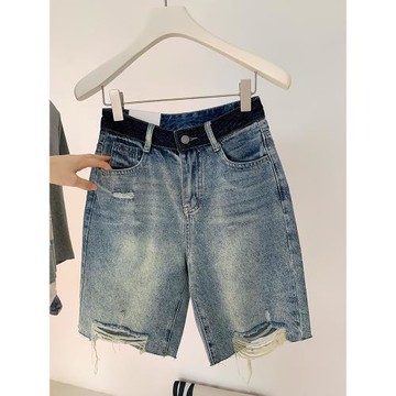 高腰藍色五分牛仔短褲女2025冬季新款復古破洞毛邊顯瘦中褲直筒褲