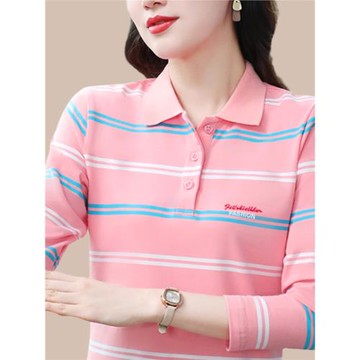 條紋長袖t恤女純棉翻領中年媽媽秋季新款有領上衣帶領秋衣打底衫
